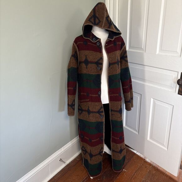 VTG Woolrich Navajo Aztec Long Trench Coat Duster Reversible Wool Medium - Picture 2 of 6